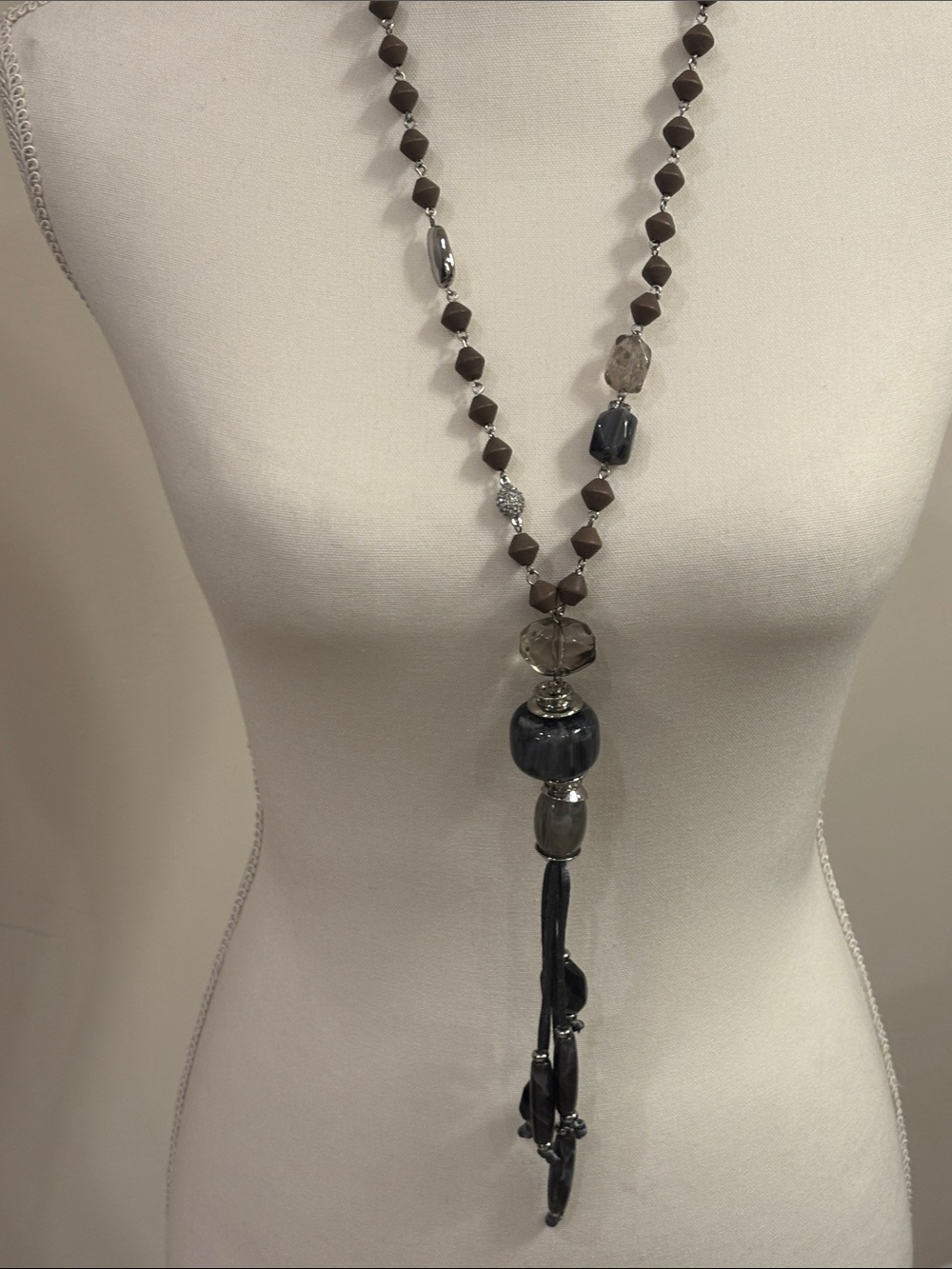 Chico's Gray and Taupe Beaded Tassel Necklace